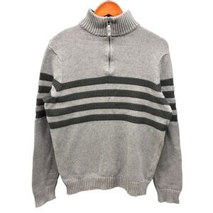 Tahari 1/4 Zip Sweater Men's Medium Gray Striped Pullover Cotton Knit Casual